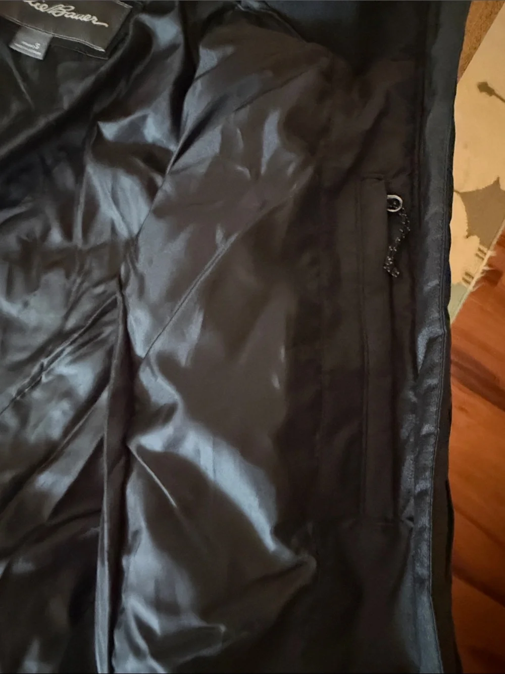 Eddie Bauer Black Long Hooded Quilted Coat with Faux Fur Hood Trim